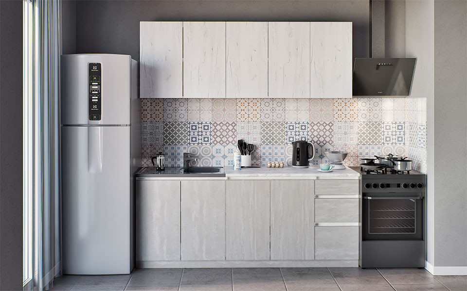 МКФ Кухня ЛДСП Зара 2.0 м Дуб Крафт Белый/Дуб Крафт Белый/Бетонный камень (со столешницей Белый мрамор 1,2 м)