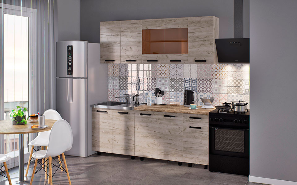 МКФ Кухня ЛДСП Корсика 2.0 м Дуб Крафт Серый/Дуб Крафт Серый (со столешницей Олдвуд 1,2 м)