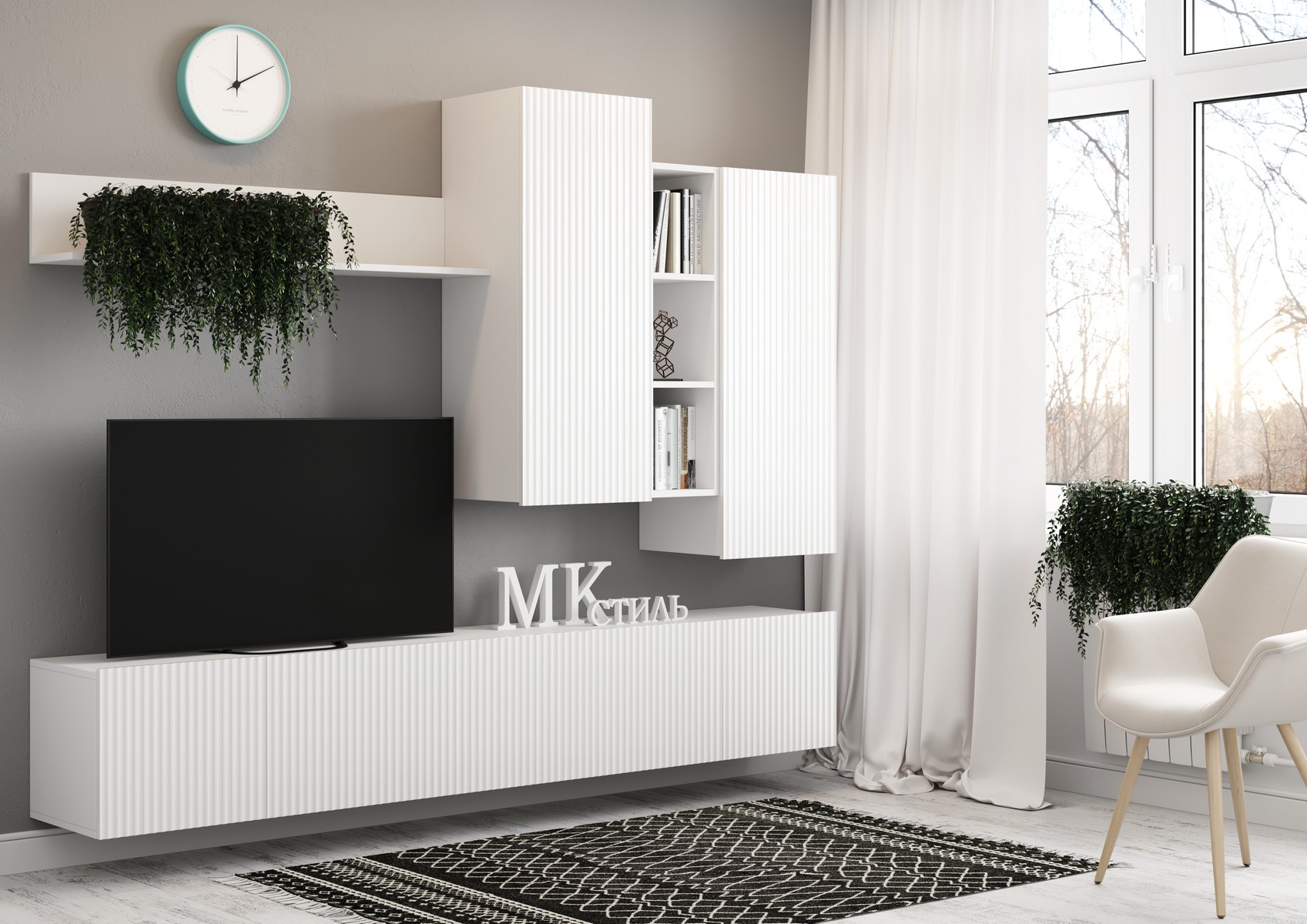 МК Стиль СКАНДИ Стенка МДФ НМ-001 (Комплект) Корпус-Белый (Гладкий), фасад МДФ - глянцевая Белый