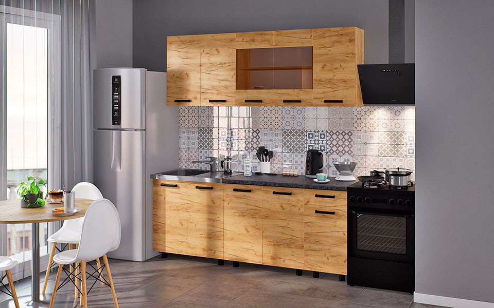 МКФ Кухня ЛДСП Корсика 2.0 м Дуб Крафт Золотой/Дуб Кррафт Золотой (со столешницей Кастилло темный 1,2 м)