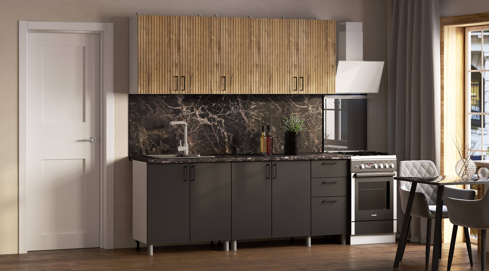 Комплект кухни "Кантри" 2,0 м Дуб канадский/Карбон Вулкан