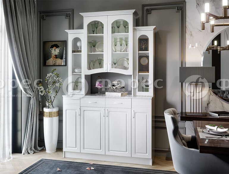 Буфет Вероника 4-х ств (белое дерево/белый шагрень)