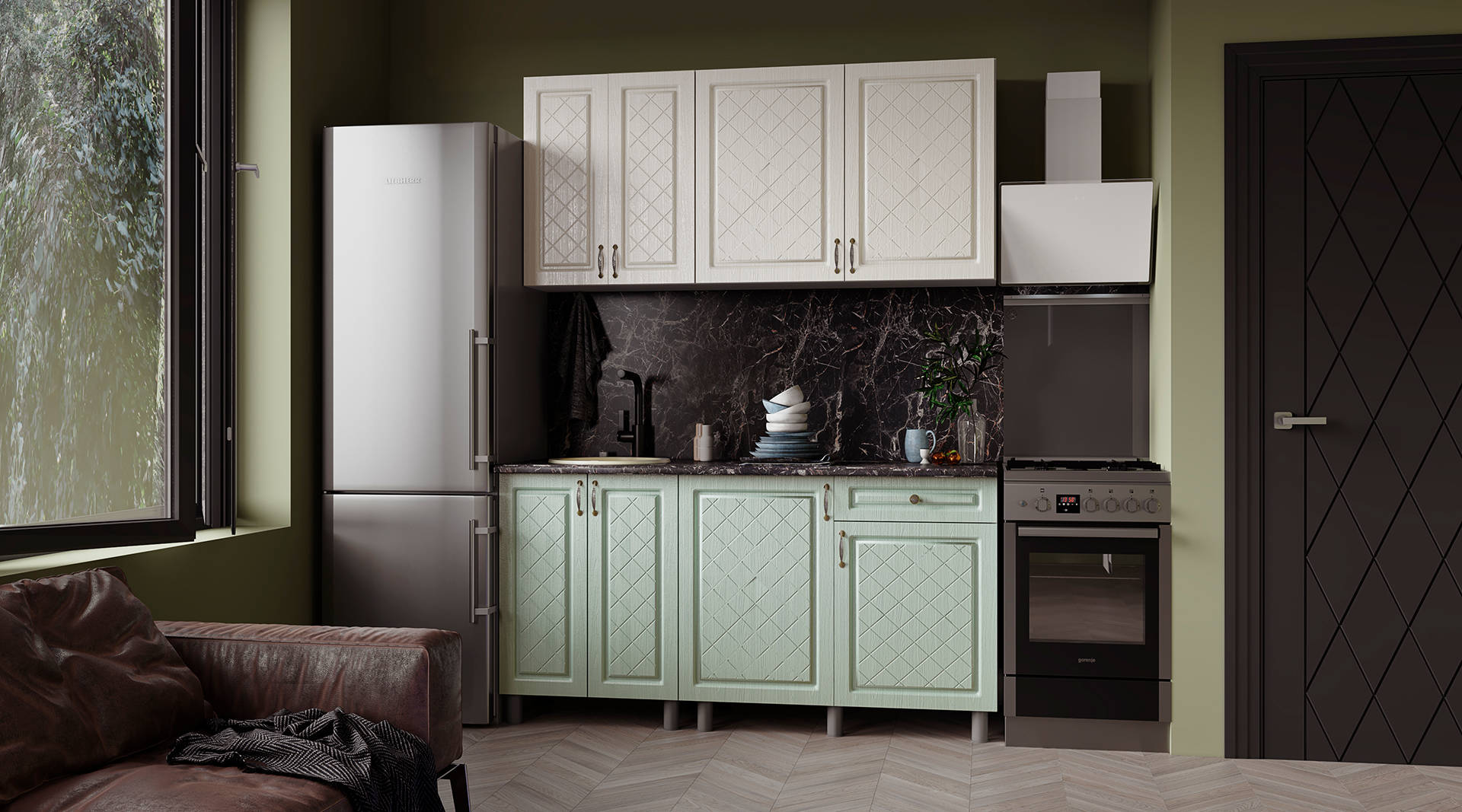 Кухня "Версаль Готовое решение" 1,5 м Айвори/Васаби