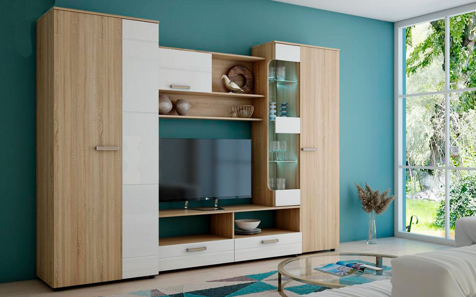 МК Стиль ФЛОРЕНЦИЯ-5 НМ Стенка Корпус - Дуб Сонома светлый  Фасад МДФ - глянцевая Белый