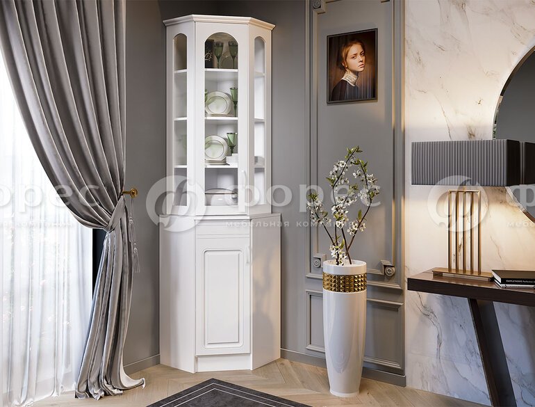 Буфет Вероника угловой (белое дерево/белый шагрень)